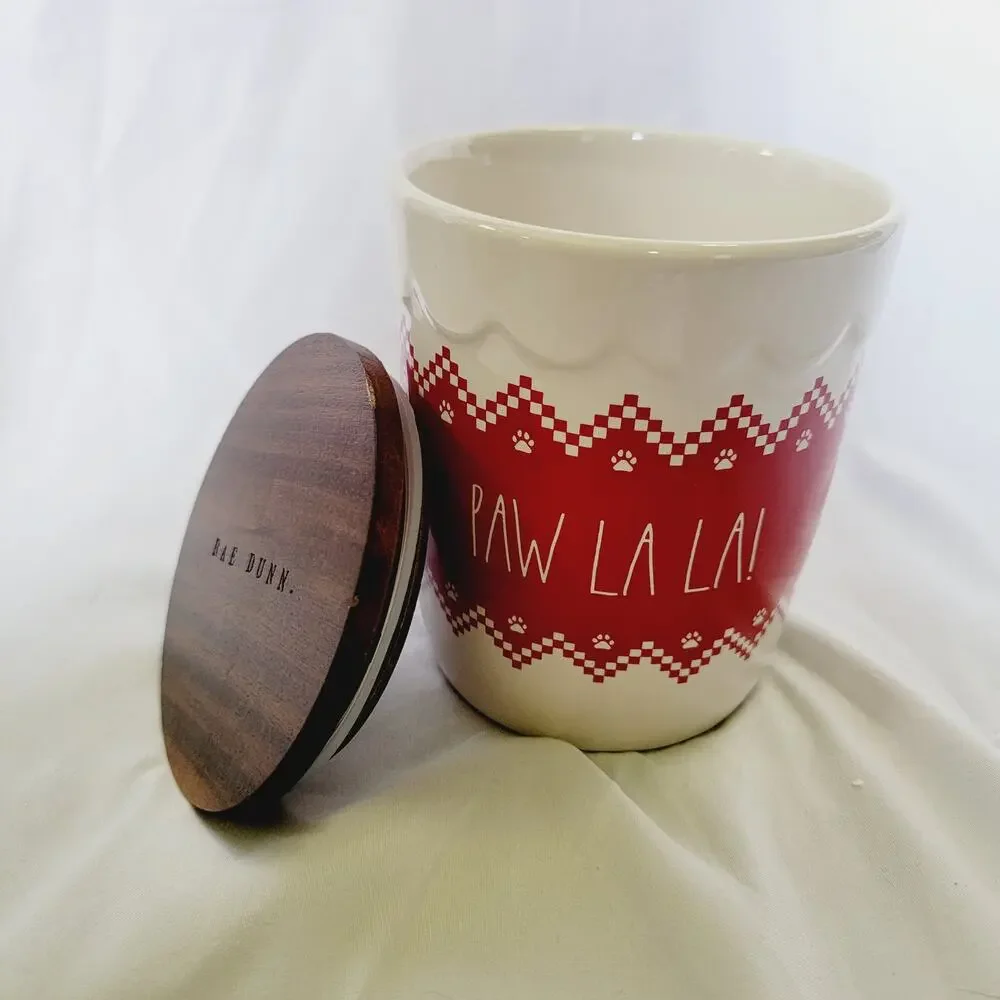 Rae Dunn Paw La La Red White Holiday Pet Treat Jar Cookie Jar Ceramic Canister